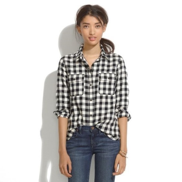 Per Se Tops - PER SE Black+White Buffalo Plaid Boyfriend Flannel